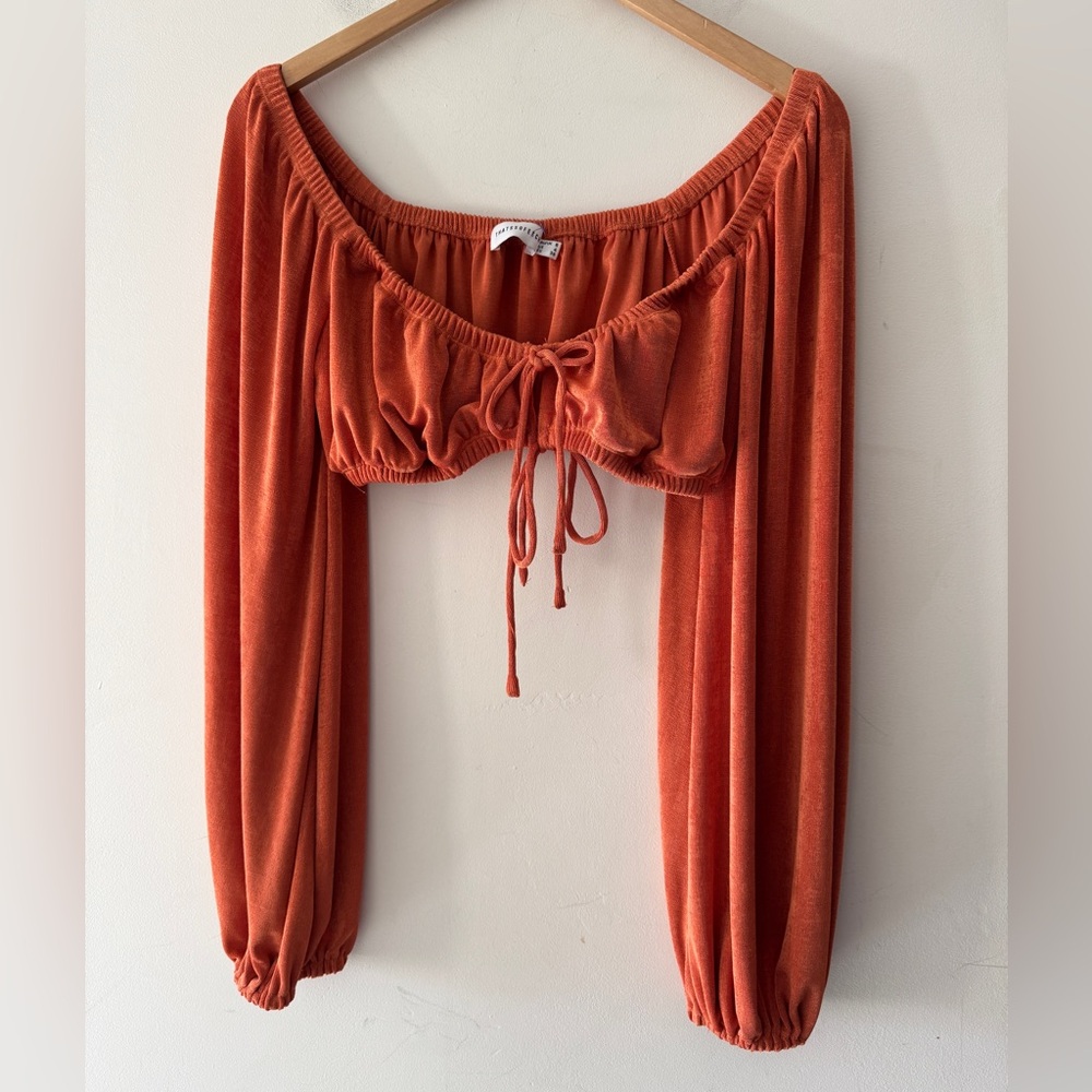 That’s So Fetch Orange Long Sleeve Flowy Boho Tie Front Crop Top Elastic Stretch
